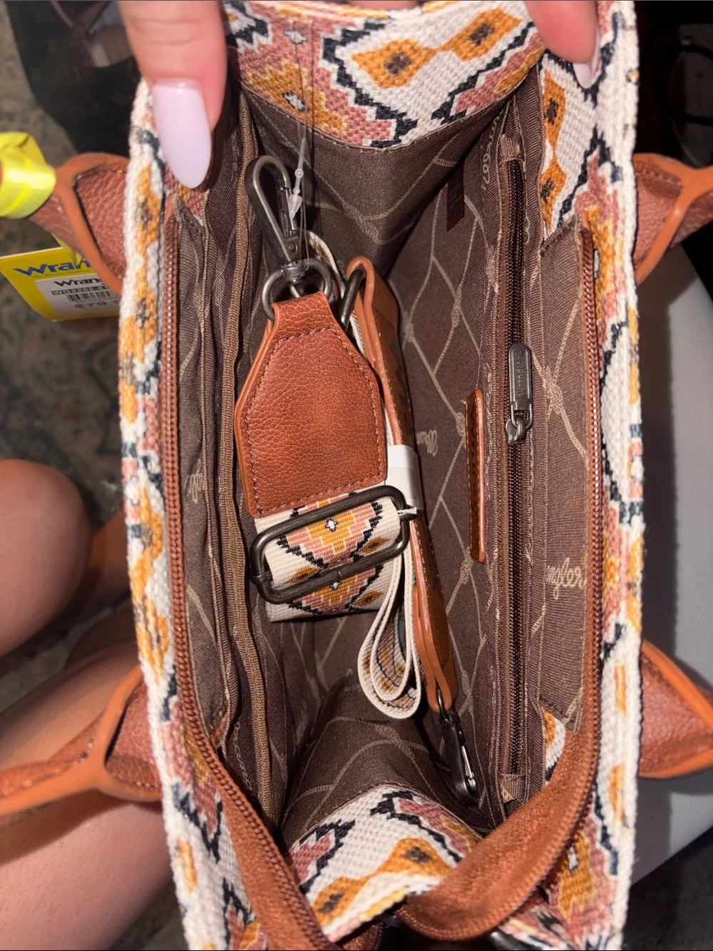 Wrangler Canvas Tote with Geometric Embroidery in Beige, Brown & Mustard
